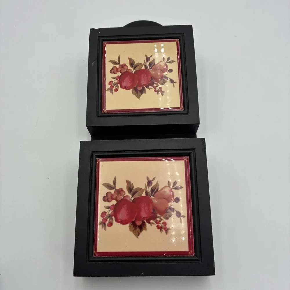 Vintage Wooden Wall Mail Organizer Letter Holder Black with Fruit Ceramic Tiles